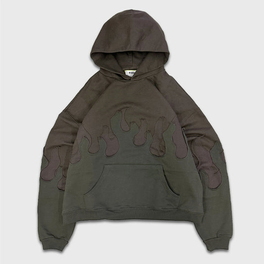 DROP SHOULDER FLAME HOODIE - BROWN