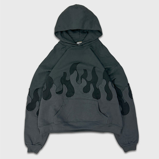 DROP SHOULDER FLAME HOODIE - GREY